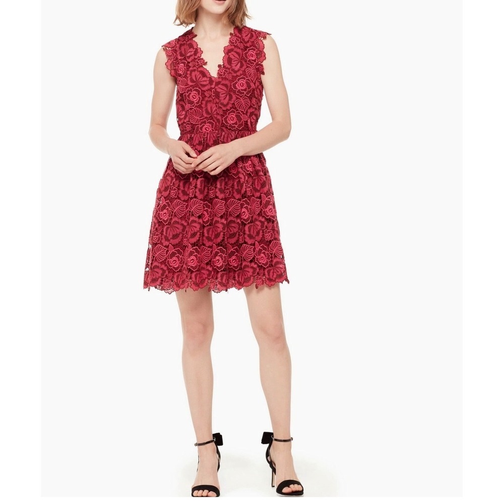Kate Spade Bi Color Lace Dress 0 So Foxy Fit Flare Guipure Begonia Deep Russet